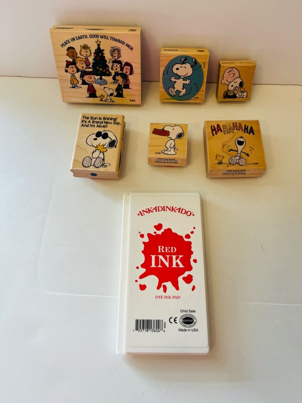 Peanuts Gang Snoopy Vintage Lot of 6 Rubber Stamps & Ink Pad Christmas Woodstock